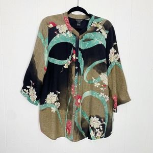 CITRON Santa Monica Blouse 100% Silk Floral Asian Top Size 0X Plus Button Down